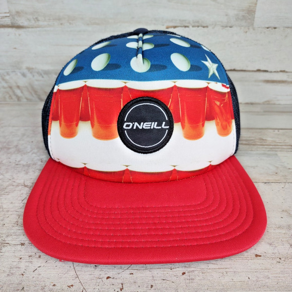 O'Neill Beer Pong Red Solo Cup Mesh Snapback Trucker Hat Cap Forth of July READ - Picture 1 of 9